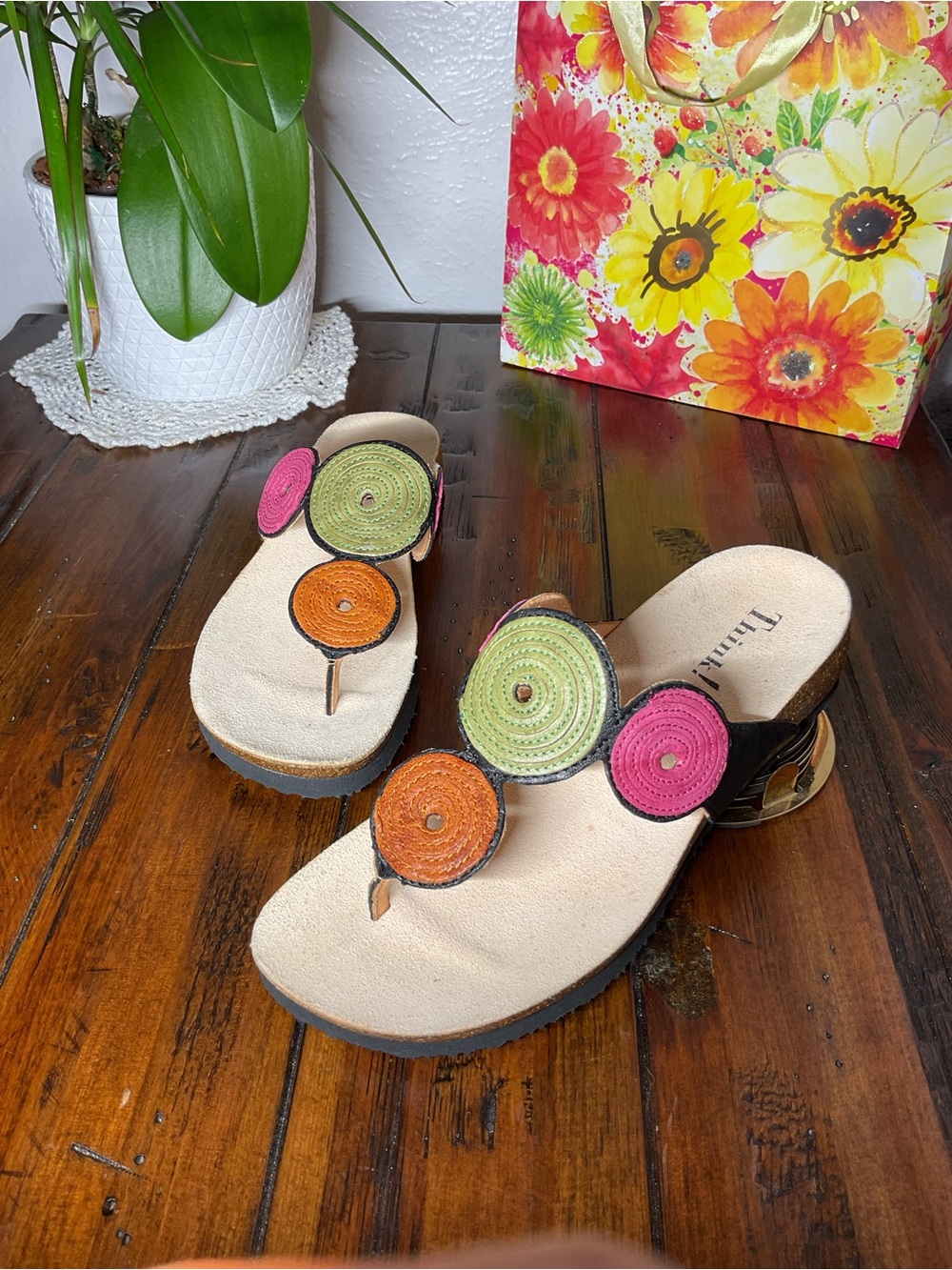 Think! Women's Multicolor Circular Accent Wedge Sandals - Green Pink Orange
